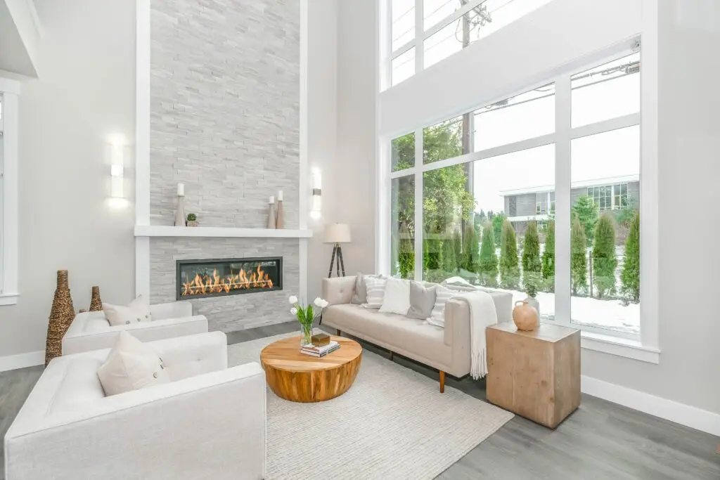 Luxury Living Room with Fireplace and view to outside